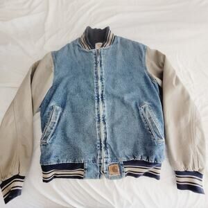 Vtg Carhartt Jacket Mens L Blue Denim Varsity Detroit Collegiate Bomber USA Made